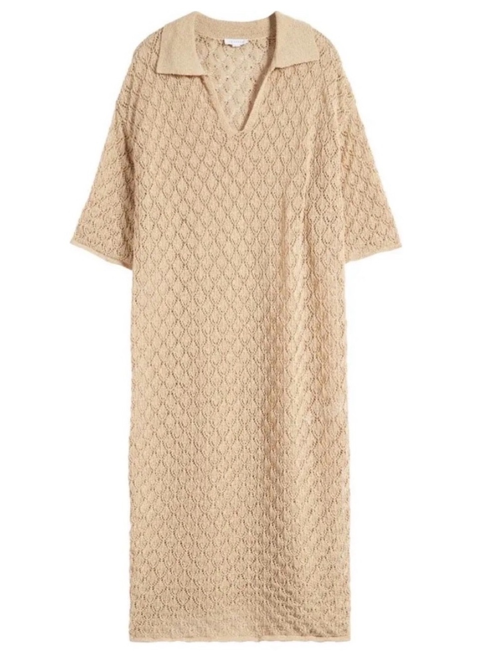 Topshop Pointelle Stitch Polo Sweater Dress Beige Beach Cover Up Maxi Size S - Picture 2 of 10